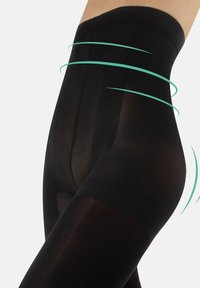 Leggings neri opachi con vita alta, caratterizzati da una texture liscia e un design senza cuciture. Accenti notevoli includono una leggera lucentezza.