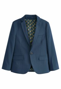 Blazer blu navy con rever a scalino, due tasche frontali e chiusura a un bottone. Fodera interna a motivo geometrico in verde e blu.