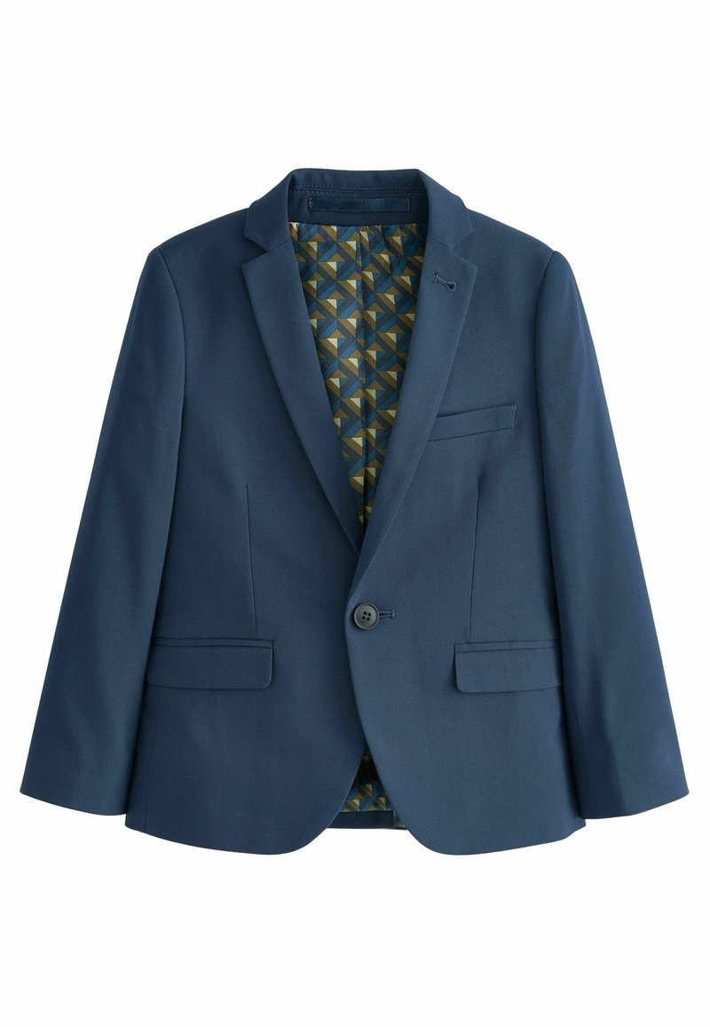 Blazer blu navy con rever a scalino, due tasche frontali e chiusura a un bottone. Fodera interna a motivo geometrico in verde e blu.