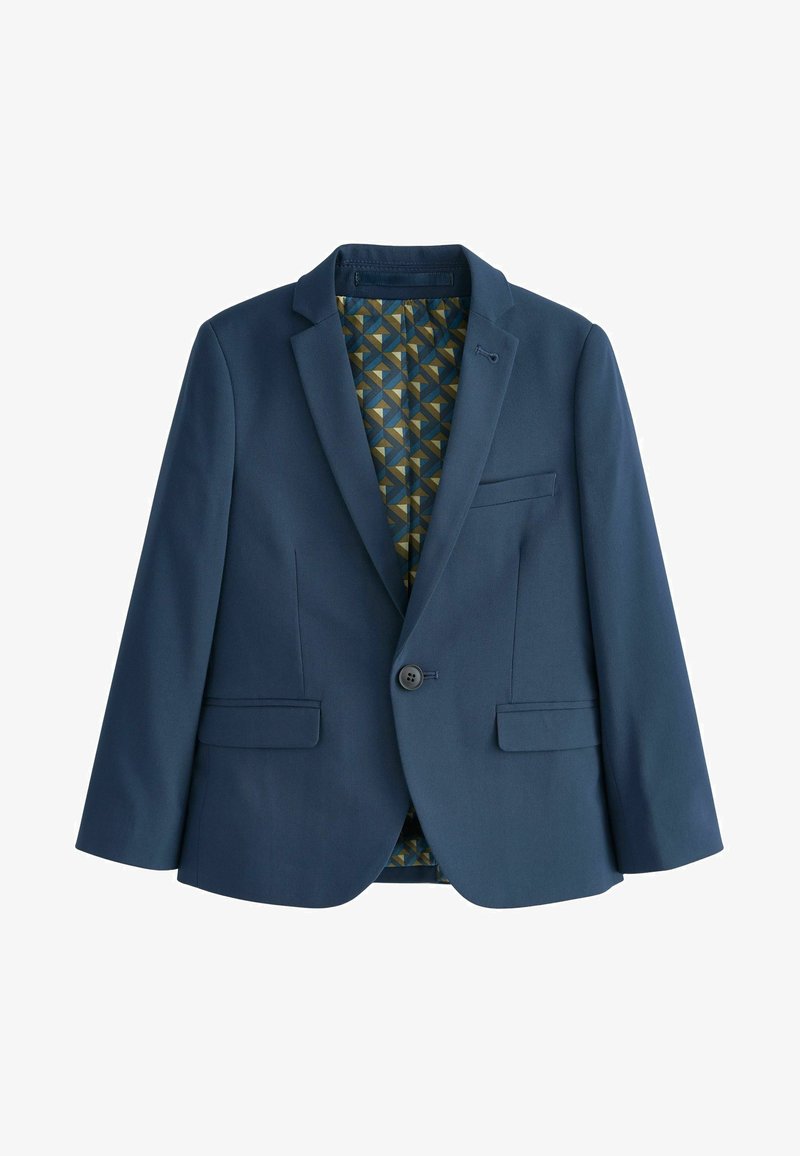 Blazer blu navy con rever a scalino, due tasche frontali e chiusura a un bottone. Fodera interna a motivo geometrico in verde e blu.