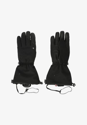 Sorte vinterhandsker med en tekstureret læderoverflade, elastiske manchetter og justerbare remme. Egenskaber inkluderer logo-detaljer på bagsiden.