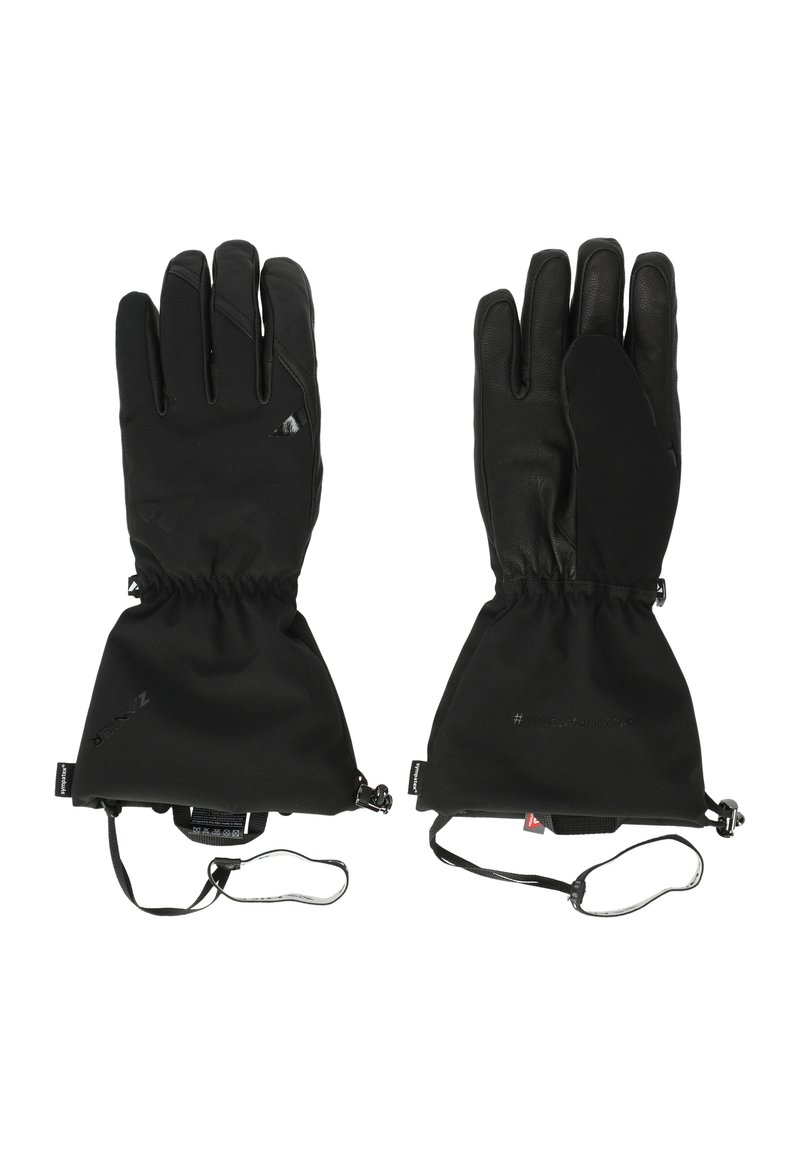 Svarta vinterhandskar med en texturerad läderyta, elastiska muddarna och justerbara remmar. Har logotypdetaljer på baksidan.