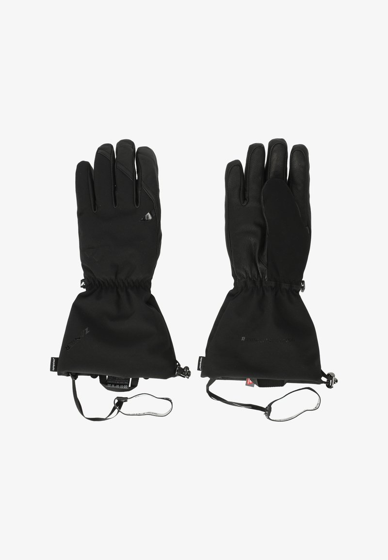 Svarta vinterhandskar med en texturerad läderyta, elastiska muddarna och justerbara remmar. Har logotypdetaljer på baksidan.