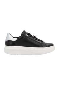 Baskets en cuir noir avec semelle blanche, dotées d'un bout rond, d'un col rembourré et d'un accent argenté sur le talon. Lacets à l'avant avec œillets en métal.