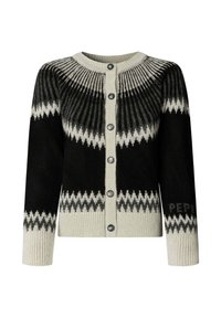 Cardigan tricoté noir et beige avec un col rond, une fermeture à boutons et un motif en zigzag distinctif sur la poitrine et les manches.