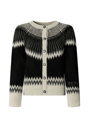Zwart en beige gebreide cardigan met een ronde hals, knoopsluiting en een kenmerkend zigzagpatroon op de borst en mouwen.