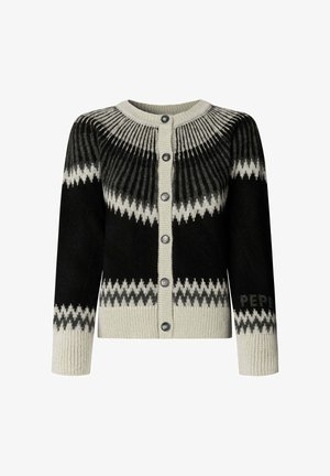 Cárdigan de punto negro y beige con cuello redondo, cierre de botones y un distintivo patrón de zigzag en el pecho y las mangas.