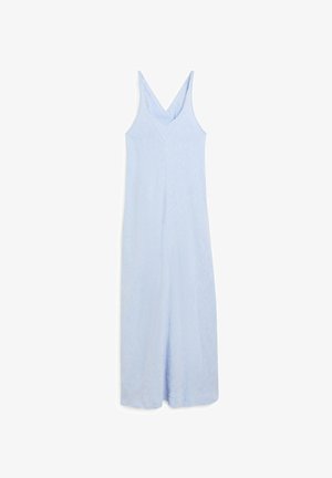 Himmelblauer ärmelloser Jumpsuit mit V-Ausschnitt, der entspannt sitzt und aus einem glatten, leicht strukturierten Stoff besteht.