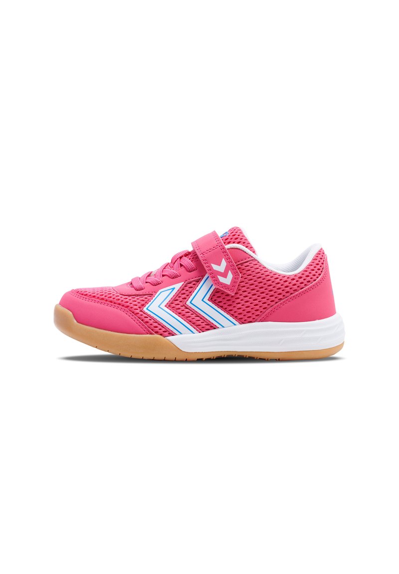 Rosa Sportschuhe mit einem Obermaterial aus Netzgewebe, weißen und blauen Akzenten sowie einer Gummisohle. Verfügt über einen Klettverschluss und Schnürsenkel für einen sicheren Sitz.