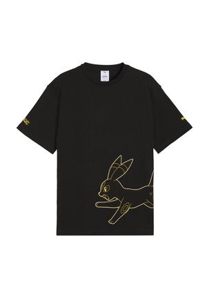 Sort Puma T-shirt med korte ærmer og en guldaftegnet grafik af en løbende kanin på den nederste forside samt små logoer på ærmerne.