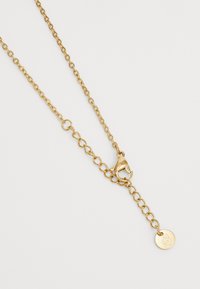Guld kæde halskæde med runde led, en lobster clasp og et cirkulært mærke med et logo. Glat overflade, skinnende finish.