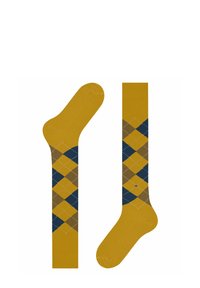 Calzini gialli con un motivo a rombi in blu navy e marrone. Un calzino è completamente decorato, mentre l'altro è di un giallo uniforme.