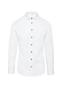Chemise blanche à manches longues en coton ; présente un col classique, des boutons noirs et une texture lisse sans motifs visibles.