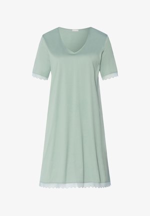 Vestito verde chiaro a maniche corte con scollo a V e bordi smerlati sulle maniche e sull'orlo. Realizzato in tessuto morbido e traspirante.