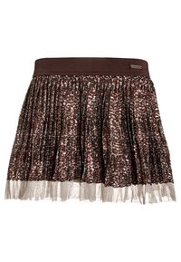 Brązowa mini spódniczka z cekinami, z teksturowanym paskiem, warstwowym wykończeniem z tiulu i plisowanym wzorem, z metalicznym akcentem logo.
