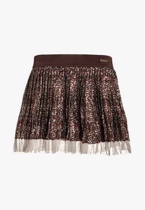 Brązowa mini spódniczka z cekinami, z teksturowanym paskiem, warstwowym wykończeniem z tiulu i plisowanym wzorem, z metalicznym akcentem logo.
