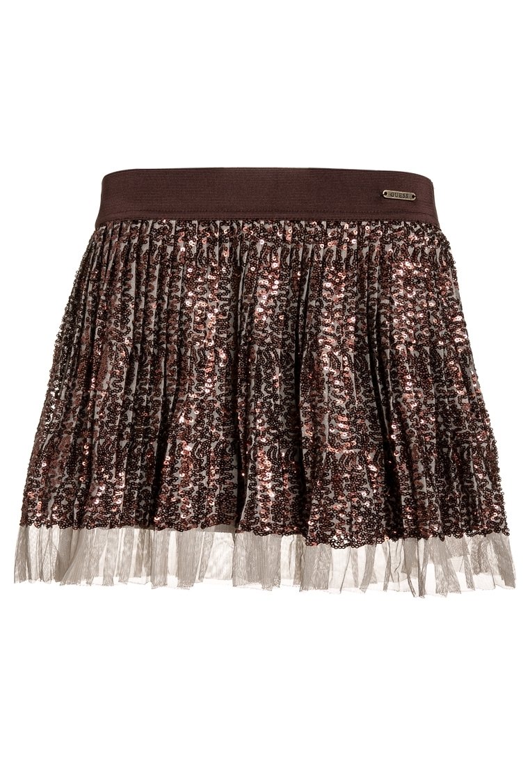 Brązowa mini spódniczka z cekinami, z teksturowanym paskiem, warstwowym wykończeniem z tiulu i plisowanym wzorem, z metalicznym akcentem logo.