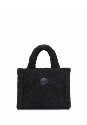 Sac cabas noir texturé avec de courtes anses et un patch logo rond centré sur le panneau avant.