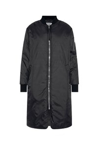 Black bomber jacket made of shiny nylon, featuring a zip front closure, ribbed cuffs, and side pockets. Smooth texture with a minimalist design.