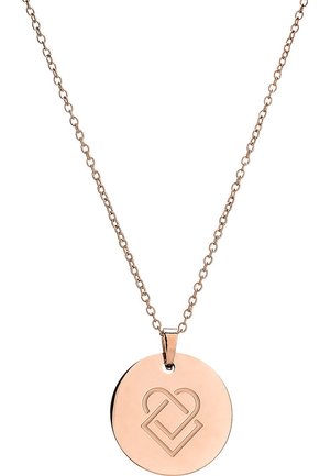 Halskette aus Roségold mit einem runden Anhänger, der ein geprägtes, ineinandergreifendes Herzdesign zeigt, auf einer filigranen Kette aufgehängt.