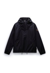 Veste noire à capuche avec fermeture éclair intégrale à l'avant, poches latérales zippées, poignets élastiques et un écusson rond avec logo sur la manche gauche supérieure.