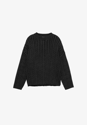Maglione nero lavorato a maglia con una texture a coste, caratterizzato da motivi a treccia, scollo rotondo e maniche lunghe, corto in vita.