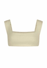 Crème-kleurige beha met een gestructureerd, geweven patroon. Vierkante halslijn en brede bandjes zorgen voor een gestructureerd ontwerp. Soepele binnenvoering.