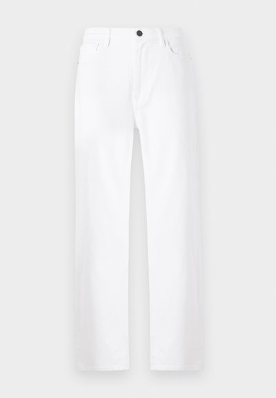 Baltas platās kājas džinsi izgatavoti no denima, ar pogu aizdari, priekšējām kabatām un tīru dizainu bez redzamām rakstāmībām vai akcentiem.