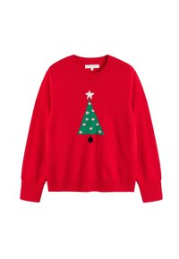 Roter Pullover mit einem grünen Weihnachtsbaumdesign, weißem Stern und gepunktetem Muster. Hergestellt aus weichem Material mit gerippten Bündchen und Saum.