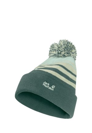 Knitted winter hat with pom-pom, teal and light blue stripes, and Jack Wolfskin logo on the cuff.
