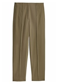 Broek gemaakt van soepel, olijfgroen stof, met een hoge taille, twee voorplooien en een rechte pijp. Geen zichtbare hardware.