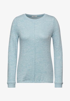 Hellblaue, langärmlige Strickjacke mit Rundhalsausschnitt, die eine weiche Textur und gerippte Bündchen aufweist. Einfaches Design mit einem dezenten Melange-Effekt.