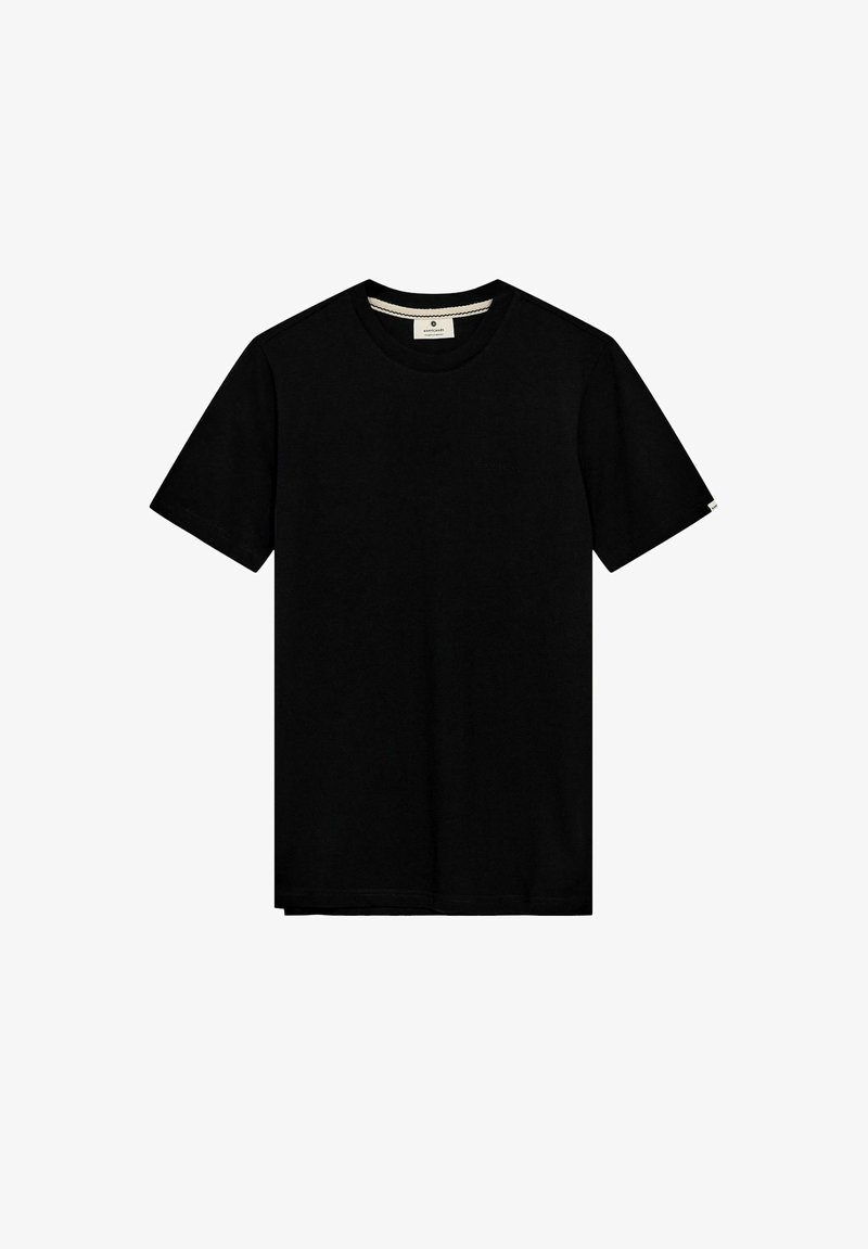 Sort bomulds t-shirt med korte ærmer, rund halsudskæring og et diskret logo på ærmet; glat tekstur og klassisk pasform.