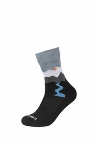 Calzino nero con un design di montagne, un fiume e un sole, con una fascia a costo grigio. Realizzato in materiale acrilico.