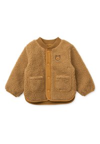Καφέ φλις ζακέτα με υφή, με κουμπιά σε αντίθεση, δύο μπροστινές τσέπες και κέντημα αρκούδας στο στήθος.