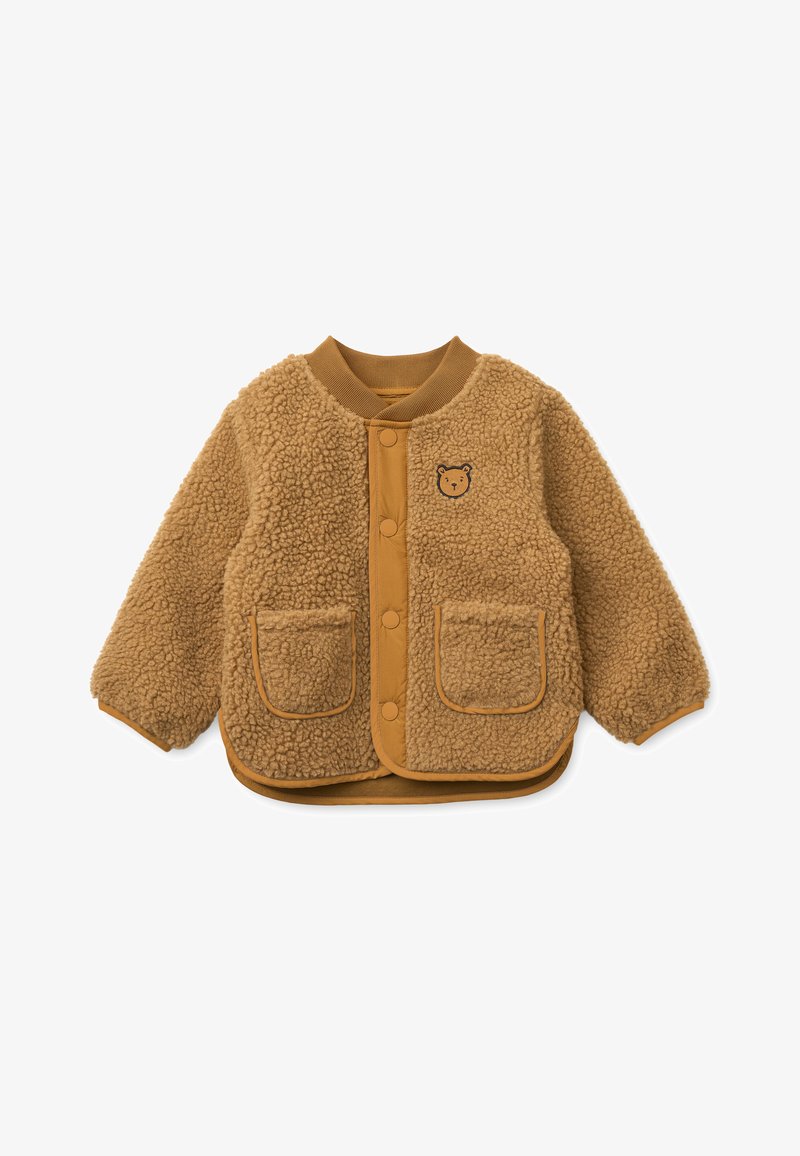 Καφέ φλις ζακέτα με υφή, με κουμπιά σε αντίθεση, δύο μπροστινές τσέπες και κέντημα αρκούδας στο στήθος.