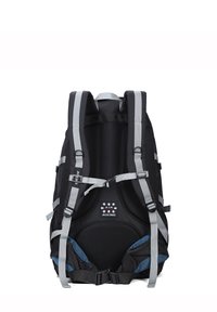 Zaino nero con spallacci grigi regolabili, schienale imbottito e design a rete. Presenta dettagli blu e un logo al centro. Materiale resistente.