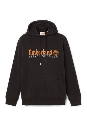 Felpa nera con tasca frontale, cappuccio con cordino e testo arancione del logo Timberland. Presenta una texture morbida e polsini e orlo a coste.