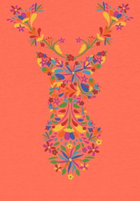 Bloempatroonontwerp in levendige kleuren op een koraalkleurige achtergrond; bevat diverse bloemen, bladeren en decoratieve vormen.