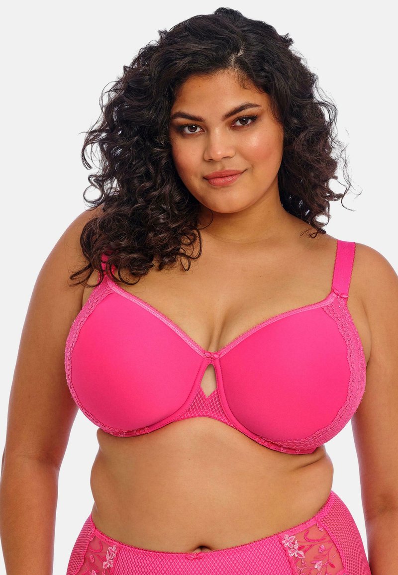 Fuchsia bh met gladde cups, kantdetails langs de randen en verstelbare bandjes. Heeft een sleutelgat uitsnede in het midden.