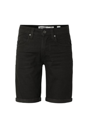 Black denim shorts with rolled cuffs, front button, zipper, and five-pocket design.