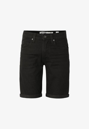 Black denim shorts with rolled cuffs, front button, zipper, and five-pocket design.