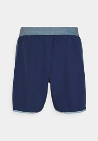 Marineblaue Shorts mit einem hellblauen elastischen Bund, gefertigt aus glattem Stoff. Verfügt über Taschen in den Seitennähten und ein entspanntes Passformdesign.