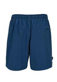 Dunkelblaue Badeshorts mit elastischem Bund, leichtem Material und einer seitlichen Tasche, die mit einem kleinen Logosticker versehen ist.