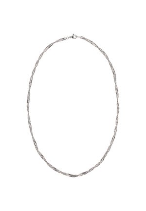 Draaide zilveren ketting met schakels van verschillende texturen en afwerkingen, beveiligd met een klassieke karabijnsluiting.