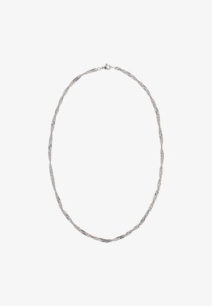 Draaide zilveren ketting met schakels van verschillende texturen en afwerkingen, beveiligd met een klassieke karabijnsluiting.