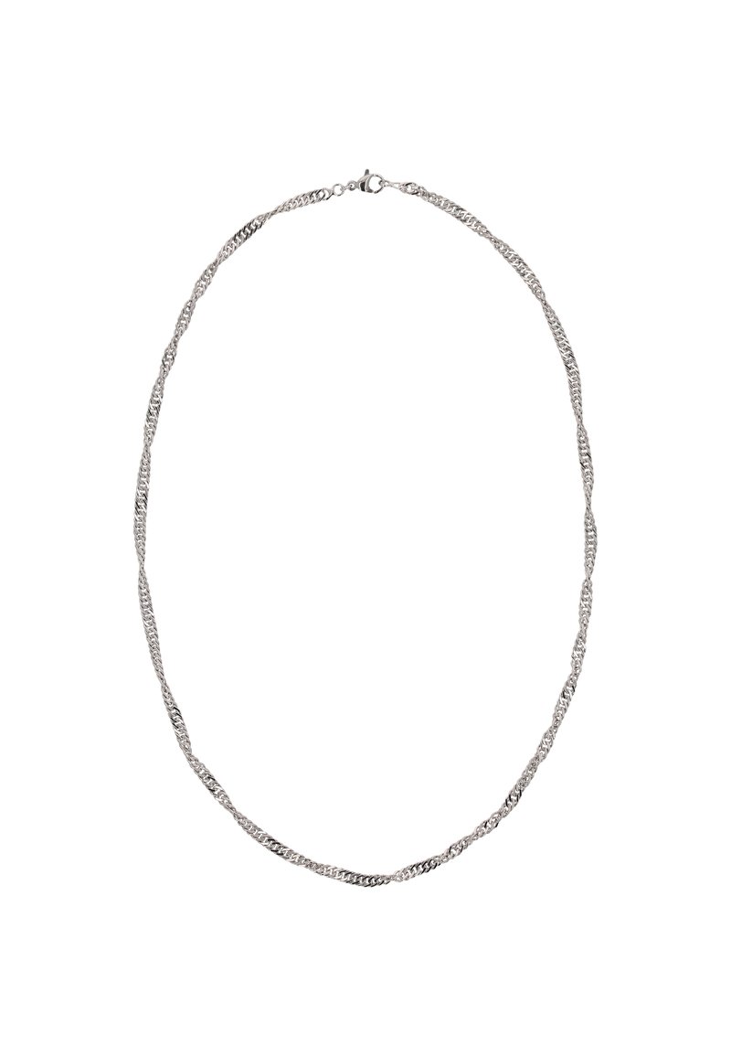 Tvistet sølv kædehalssmykke med led, der har forskellige teksturer og finish, sikret med en klassisk hummerlås.