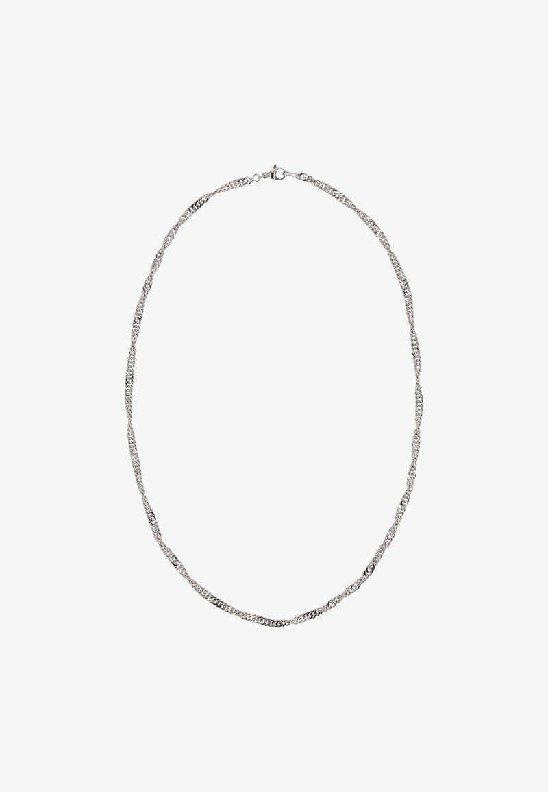 Zatočený stříbrný náhrdelník se zajímavými články s různými texturami a povrchovými úpravami, zajištěný klasickým karabinkovým zapínáním.