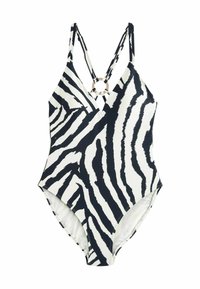 Fekete-fehér zebra csíkos egyrészes fürdőruha mély V nyakkivágással, keresztbe fűzött pántokkal és kör alakú díszítéssel a mellen.