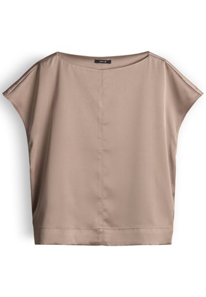 Beige short-sleeve blouse with wide boat neckline, straight hem, and center seam detail, labeled "OPUS" at the collar.